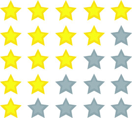 Rating stars. Star rating symbols with 5 star. Customer review, rating, quality and level concepts. Isolated badge for website or app - stock infographics. 