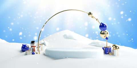 Christmas composition on a white background. Gift boxes, ice stand,  snowman  and Christmas tree. 3d render