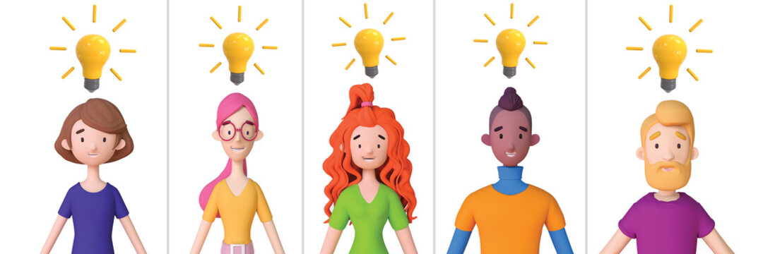 Collection 3D avatars of diverse people with lightbulb. Idea and innovation concept, Trendy 3d illustration on white background.
