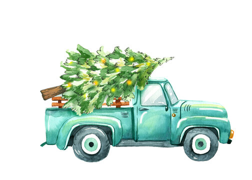 Vintage watercolor turquoise truck.  Christmas illustration of old retro car Christmas tree. Christmas design.