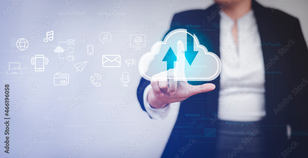 Poster businesswoman touching a cloud networking concept and touch screen with hand connection line on the 