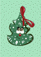 Cute smiling Christmas tree with eyes and a red bow on a background of stars. Vector illustration postcard.
