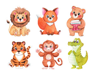 A large set of animals painted in watercolor.
Cute little animals. Lion, Fox, Crocodile, Tiger, Monkey, Bear. Stickers.