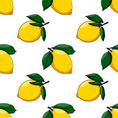 Bright cartoon yellow lemons with leaves seamless pattern on white. Vector illustration with outline.