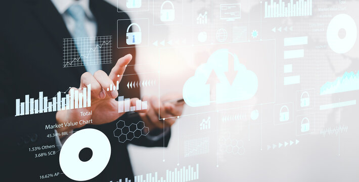 Businessman touching a cloud networking concept and touch screen with hand connection line on the black background, Cloud computing is system for sharing download and upload big data information,