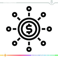 Editable line icon of centralized currency as a customizable black stroke eps vector graphic.