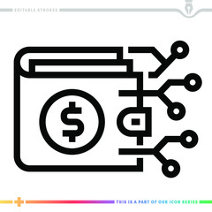 Editable line icon of digital wallet as a customizable black stroke eps vector graphic.