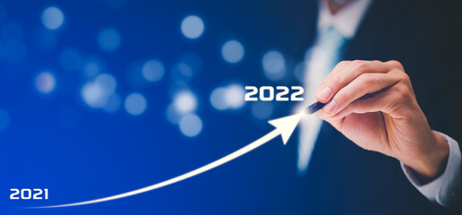 Business growth data chart arrow with diagram 2022 budget, Businessman pointing arrow graph...