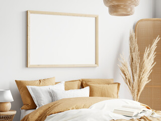 horizontal wooden frame mockup in cozy bedroom, boho style, 3D render © VNmockup