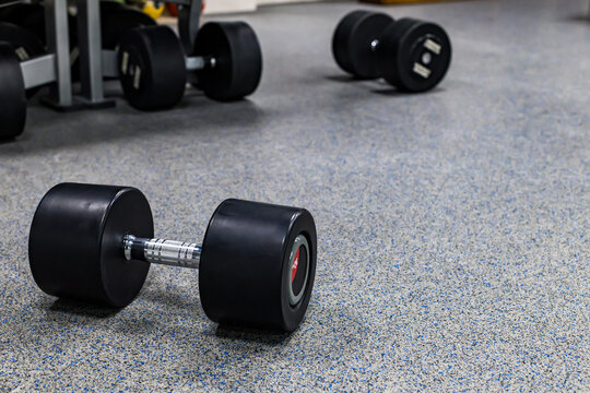heavy dumbbells for strength training are on the floor