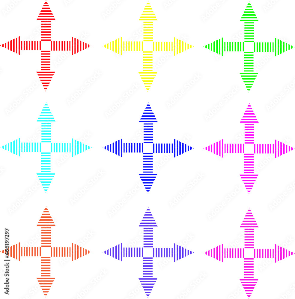 Poster set of colored arrows vector silhouette in line art with pointing from the center. arrow icon. vecto