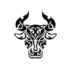 Black Tribal Bull Head Logo on White Background. Tattoo Design Stencil Vector Illustration