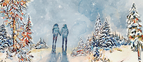 Winter date, happy couple. Watercolor greeting card..
