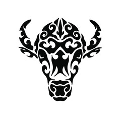 Black Tribal Bison Head Logo on White Background. Tattoo Design Stencil Vector Illustration
