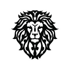 Fototapeta na wymiar Black Tribal Lion Head Logo on White Background. Tattoo Design Stencil Vector Illustration