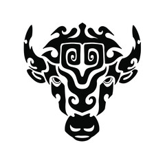 Black Tribal Bison Head Logo on White Background. Tattoo Design Stencil Vector Illustration