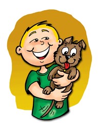 happy little boy holding his little puppy. cartoon style drawing