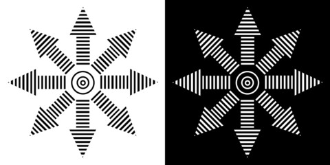 Black and white radiating from the center point of the arrow. Circular arrows sign. Vector Icons. Isolated on a white and black background