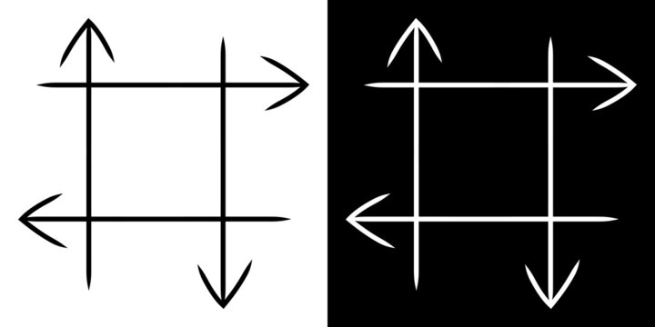 Black and white Hand draw arrows in four directions. Vector arrow icon. Isolated on a white and black background