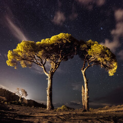 Night and stars on the coast of Cirali and one tree, Antalya Province, Turkey