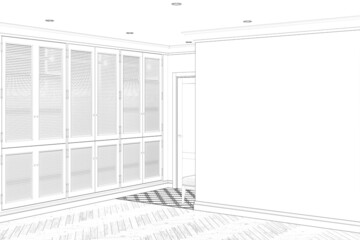 Sketch of the entrance hall with a large wardrobe, a bench near the front door, a blank wall, a ceiling with built-in lights, a parquet floor. 3d render