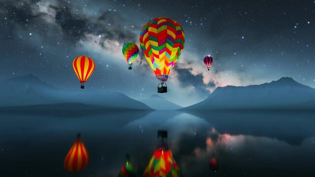 Vibrant, glowing hot air balloons against dark night sky rising over the water.