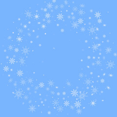 White delicate openwork snowflakes are scattered on a blue background. Festive background, postcard design, wallpaper
