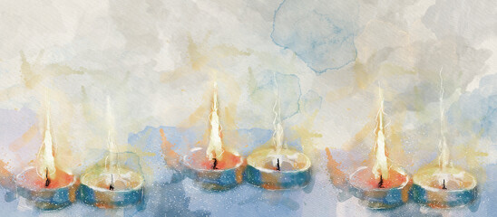 Lit candles. Watercolor design background. - obrazy, fototapety, plakaty