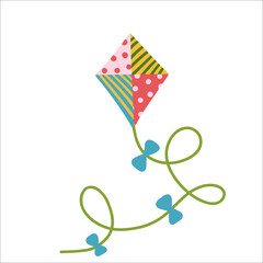 Fototapeta premium Cartoon kite isolated. Wind flying toy with ribbon and tail for kids. Makar Sankranti concept. Outdoor activity in childhood, vector illustration