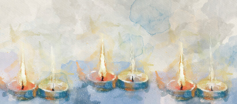 Lit candles. Watercolor design background.