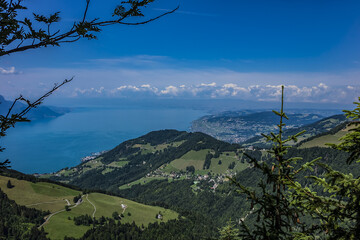 Picturesque views of the Alps from the pass Col de Jaman. The Col de Jaman (1,512 m) -a mountain pass in the western Swiss Alps. Canton of Vaud, Switzerland.
