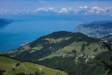 Fototapeta premium Picturesque views of the Alps from the pass Col de Jaman. The Col de Jaman (1,512 m) -a mountain pass in the western Swiss Alps. Canton of Vaud, Switzerland.