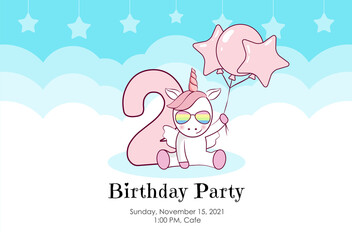 Birthday invitation with cute unicorn, balloons and clouds in blue and pink colors. Ready to use and editable template. An invitation for children and adults. Second year of birth. 