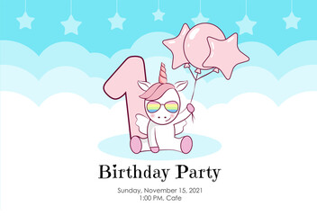 Birthday invitation with cute unicorn, balloons and clouds in blue and pink colors. Ready to use and editable template. An invitation for children and adults. First year of birth. 