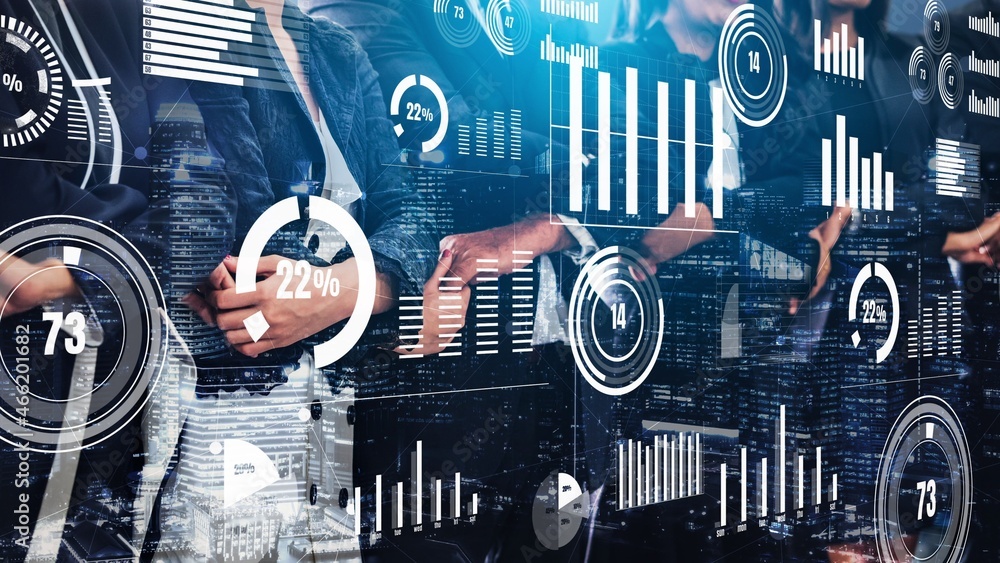 Poster conceptual business dashboard for financial data analysis . 3d render computer graphic .
