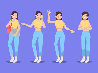 Obraz premium Set of young woman character difference pose. Flat cartoon illustration vector design.