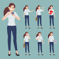 Obraz premium Collection business woman in suit pose set character. Flat cartoon illustration vector design.