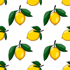 Obraz premium Bright cartoon yellow lemons with leaves seamless pattern on white. Vector illustration with outline.