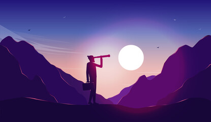 Man looking for purpose - Business person with briefcase standing in landscape with binocular looking for the way forward. Vector illustration - obrazy, fototapety, plakaty