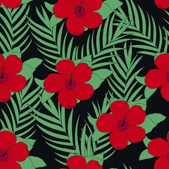 Fotobehang Hibiscus flower seamless pattern. Exotic floral print. Vector flowers on a dark background. Garden botanical design for fabric, cover, fashion. © Ekaterina