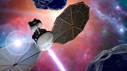 Lucy is a NASA space probe on a twelve-year journey to eight different asteroids, visiting a main belt asteroid and Jupiter trojans, asteroids which share Jupiter's orbit around the Sun. 3d rendering  © Naeblys