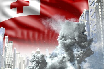 large smoke column in the modern city - concept of industrial blast or terrorist act on Tonga flag background, industrial 3D illustration