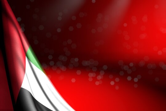 pretty national holiday flag 3d illustration. - picture of United Arab Emirates flag hanging in corner on red with selective focus and empty place for content