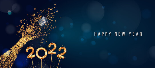 2022 New Year. 2022 Happy New Year greeting card. 2022 Happy New Year background isolated on transparent background. 2022 Happy New Year background with gold glitter champagne bottle.