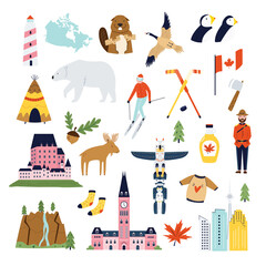 Set of famous symbols, icons of Canada.