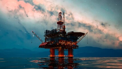 Offshore platform or oil rig in the sea with milky way in the background.