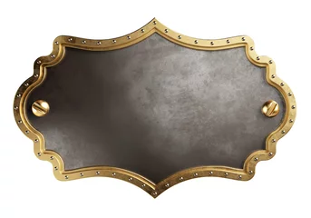 Rolgordijnen Empty metal plate with brass border. Steampunk style. Isolated, clipping path included. 3d illustration © simone_n