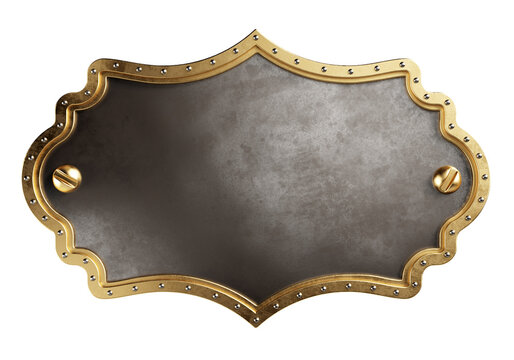 Empty metal plate with brass border. Steampunk style. Isolated, clipping path included. 3d illustration