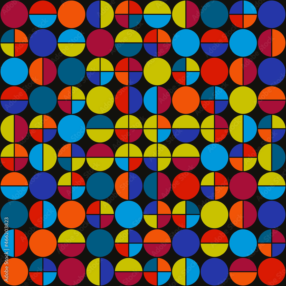 Poster Circles, halves of circles, and quarters. Vector with colorful bright mosaic shapes. Can be used as a seamless pattern. Can be an independent painting. Abstraction with round shapes.