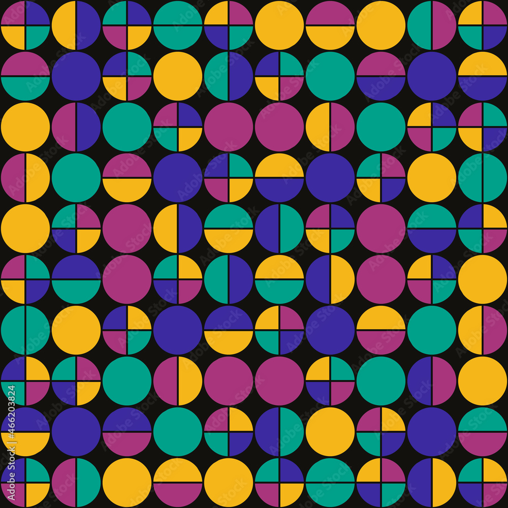 Poster Circles, halves of circles, and quarters. Vector with colorful bright mosaic shapes. Can be used as a seamless pattern. Can be an independent canvas.